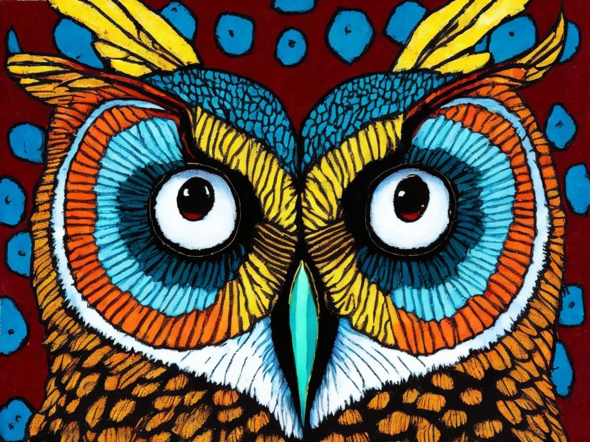 Colorful Owl Illustration with Bold Patterns and Colors