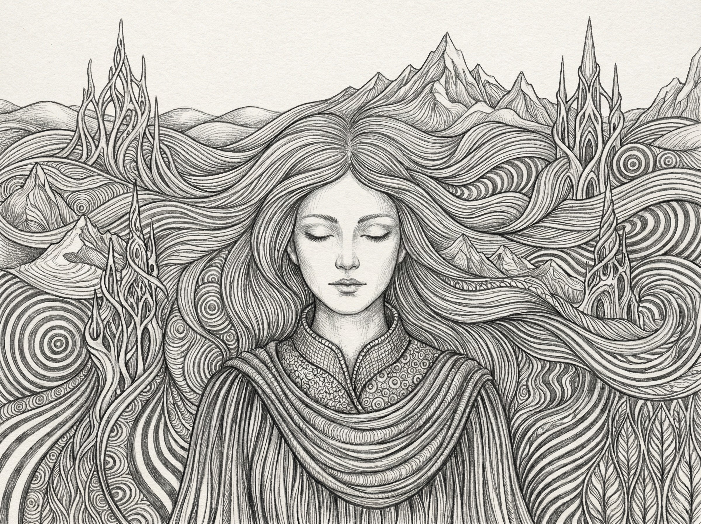 Grayscale Pen and Ink Drawing of Meditating Woman