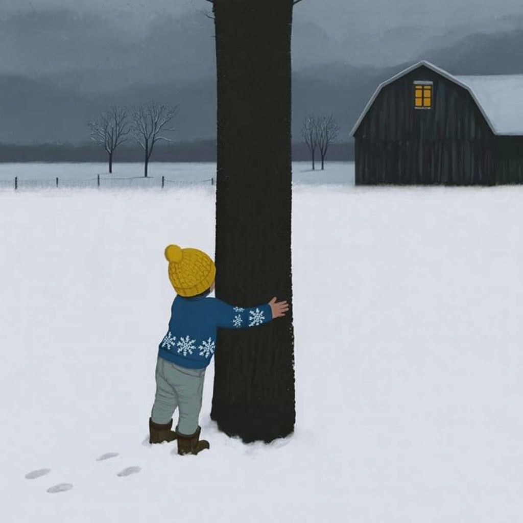 Child in yellow hat hugs tree in snowy landscape