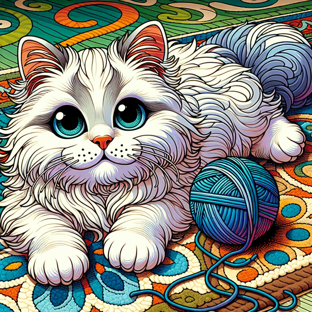 Fluffy White Cat on Colorful Rug with Yarn Ball