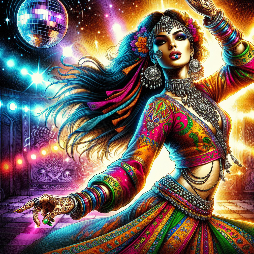 Colorful Dancer in Traditional Attire with Disco Lights