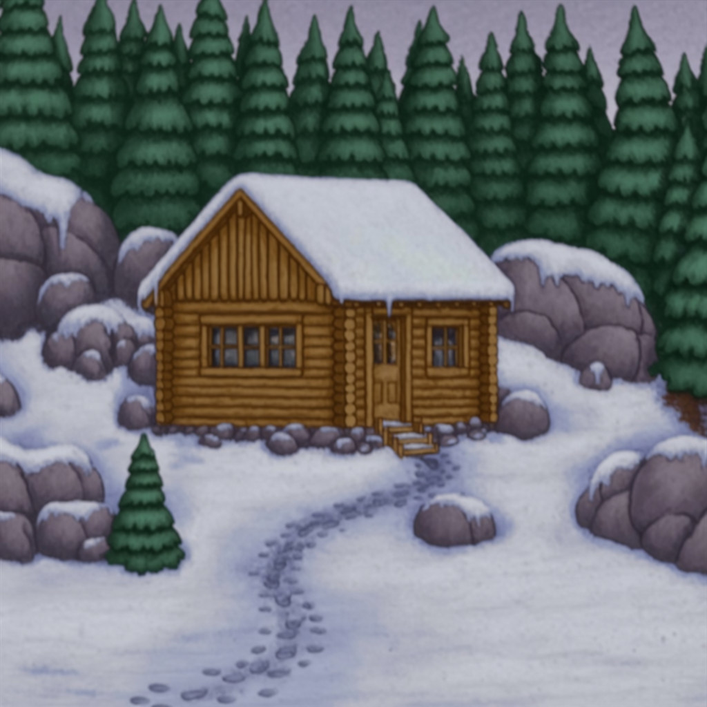 Cozy Wooden Cabin in Snowy Evergreen Landscape