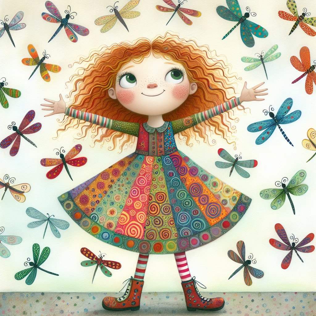 Whimsical Illustration of a Cheerful Girl and Dragonflies