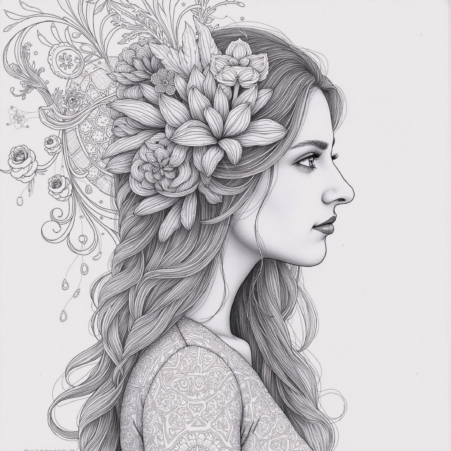 Detailed Line Drawing of a Woman with Floral Crown