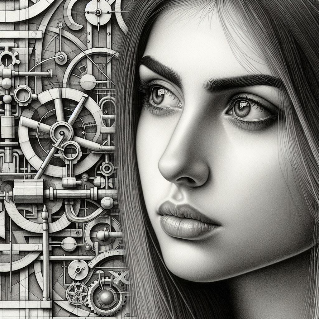 Monochromatic Portrait of a Young Woman with Gears