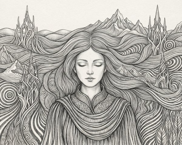 Grayscale Pen and Ink Drawing of Meditating Woman