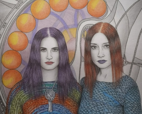 Women with bold hairstyles and makeup in abstract art