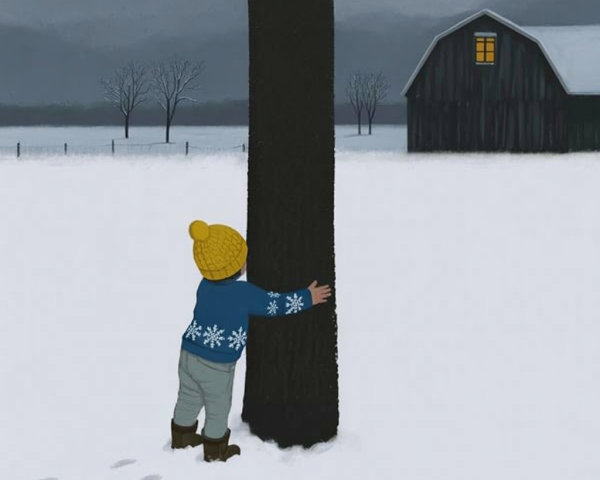 Child in yellow hat hugs tree in snowy landscape