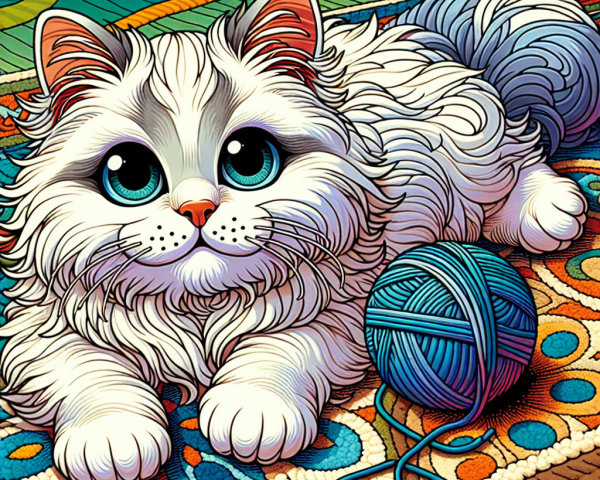 Fluffy White Cat on Colorful Rug with Yarn Ball