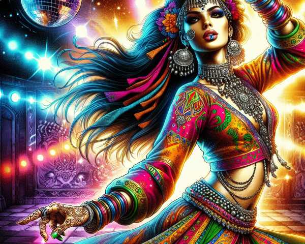 Colorful Dancer in Traditional Attire with Disco Lights