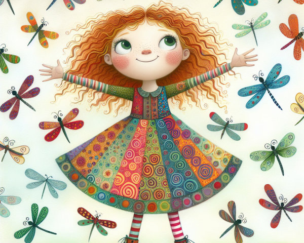Whimsical Illustration of a Cheerful Girl and Dragonflies