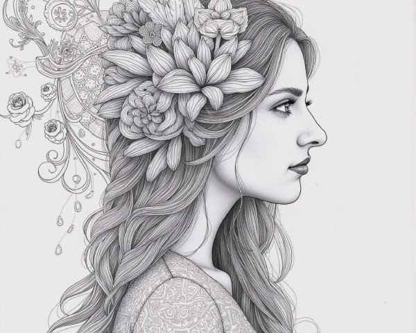 Detailed Line Drawing of a Woman with Floral Crown