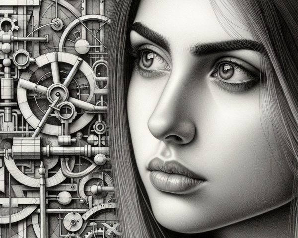 Monochromatic Portrait of a Young Woman with Gears