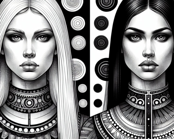 Stylized Female Figures with Intricate Hairstyles and Patterns