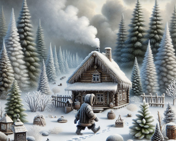 Cozy log cabin in a serene winter landscape