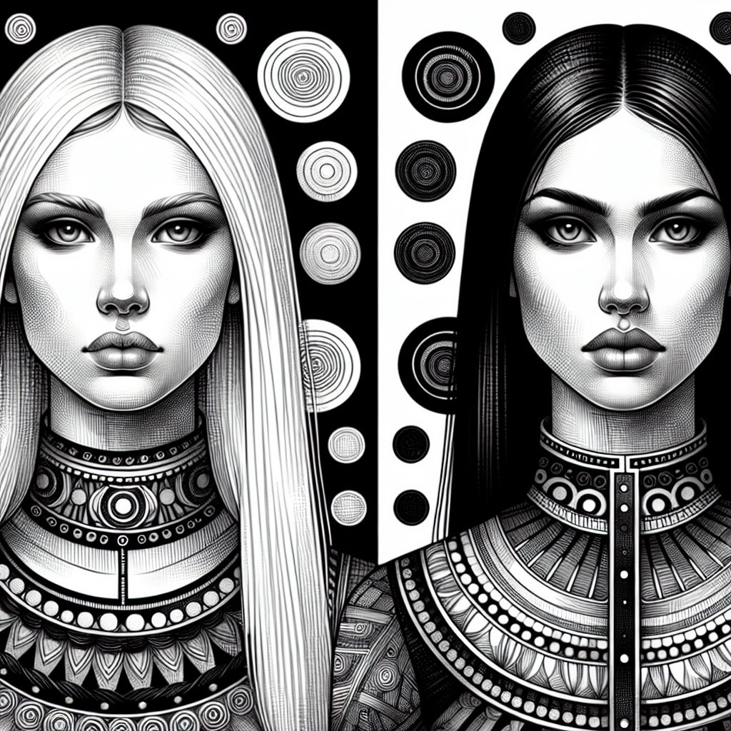 Stylized Female Figures with Intricate Hairstyles and Patterns