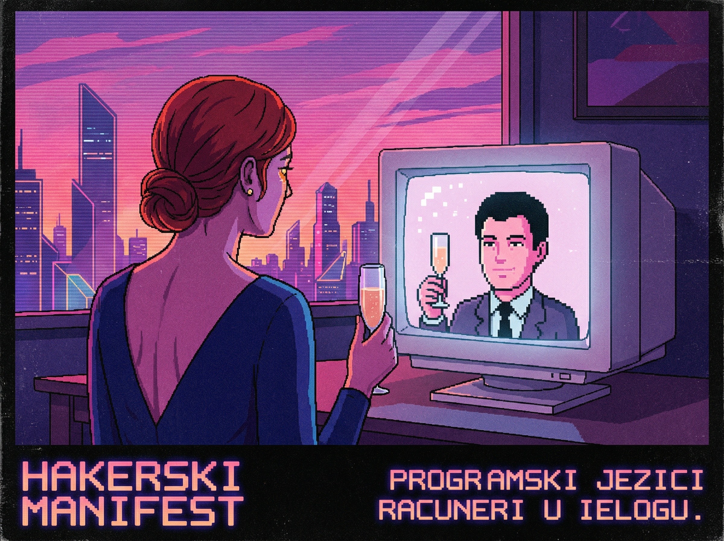 8-bit art of a woman with champagne and CRT TV