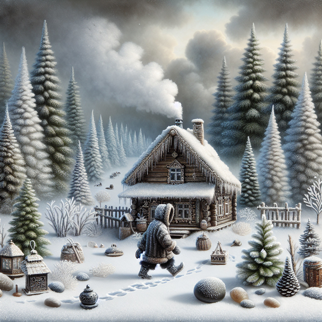 Cozy log cabin in a serene winter landscape