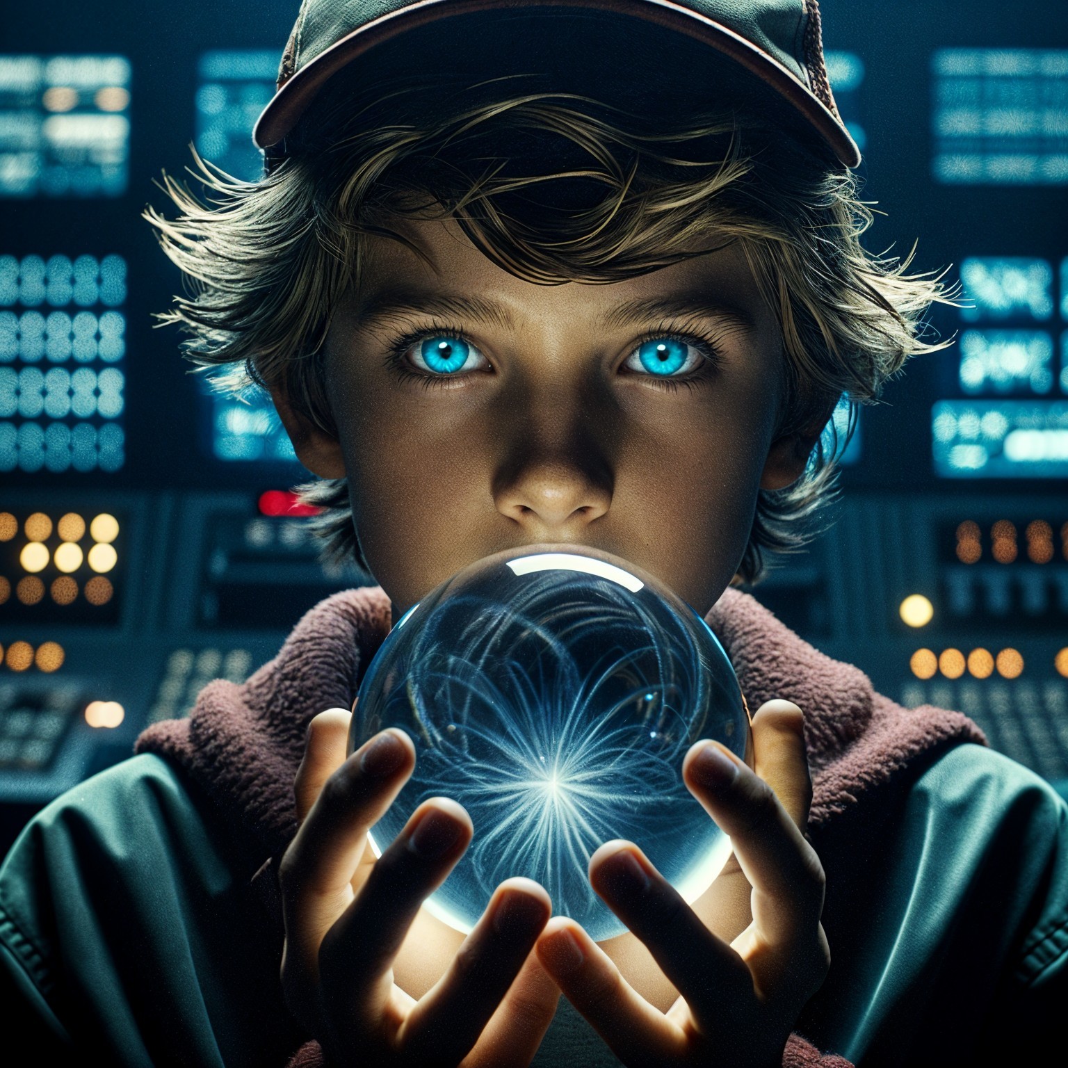 Young boy with blue eyes and crystal orb in control room
