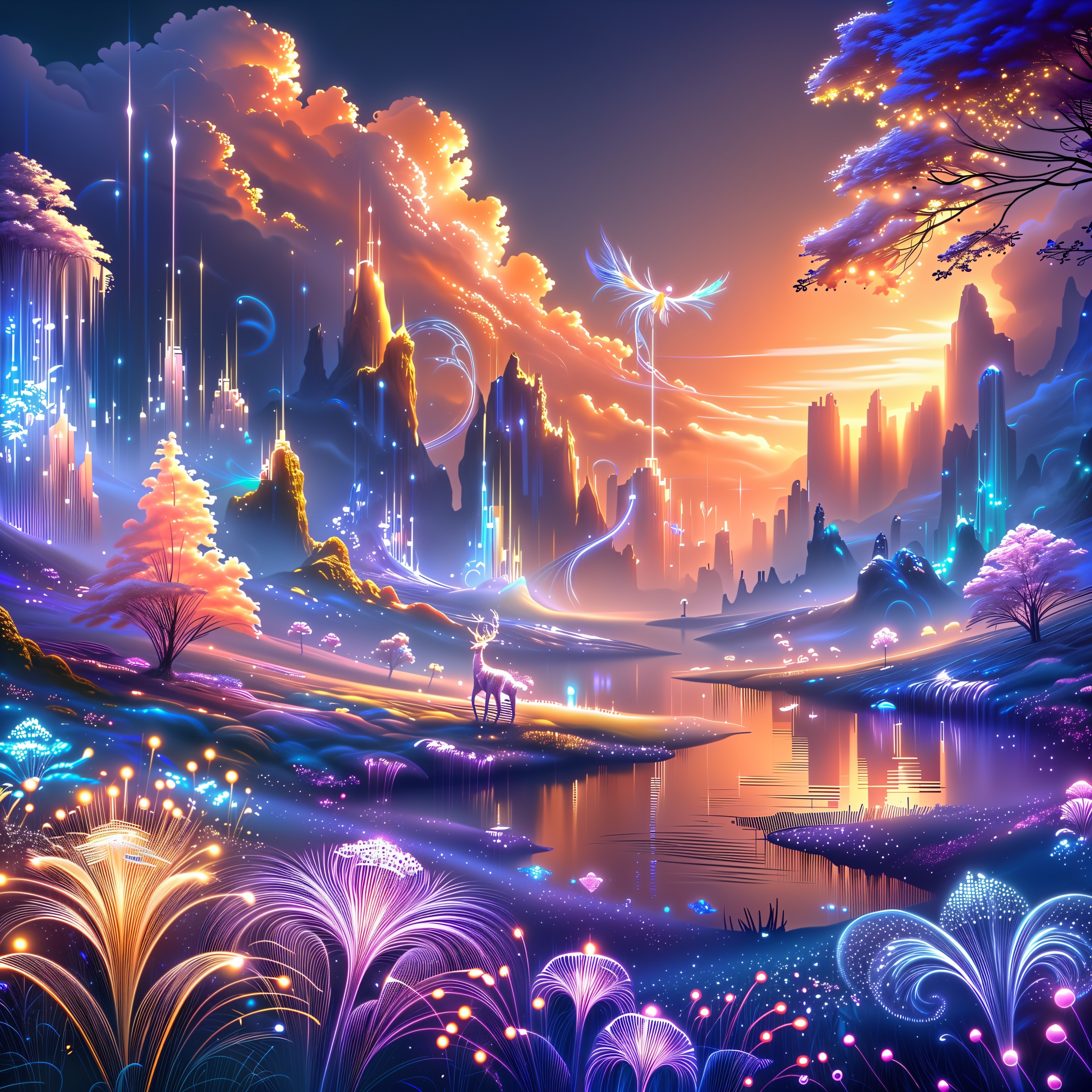 Twilight Fantasy Landscape with Vibrant Mountains and Lake
