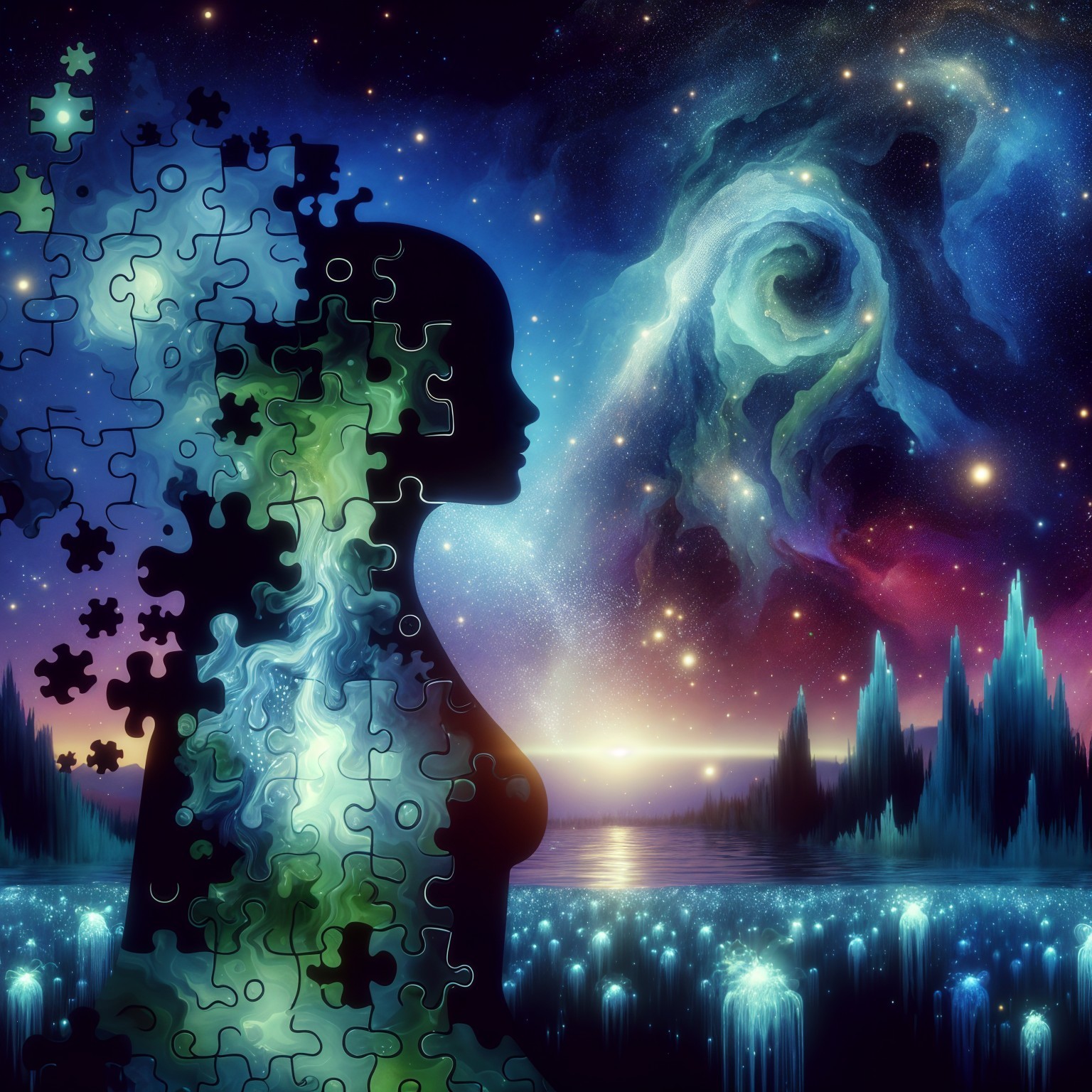 Silhouette of a Woman with Cosmic Puzzle Design