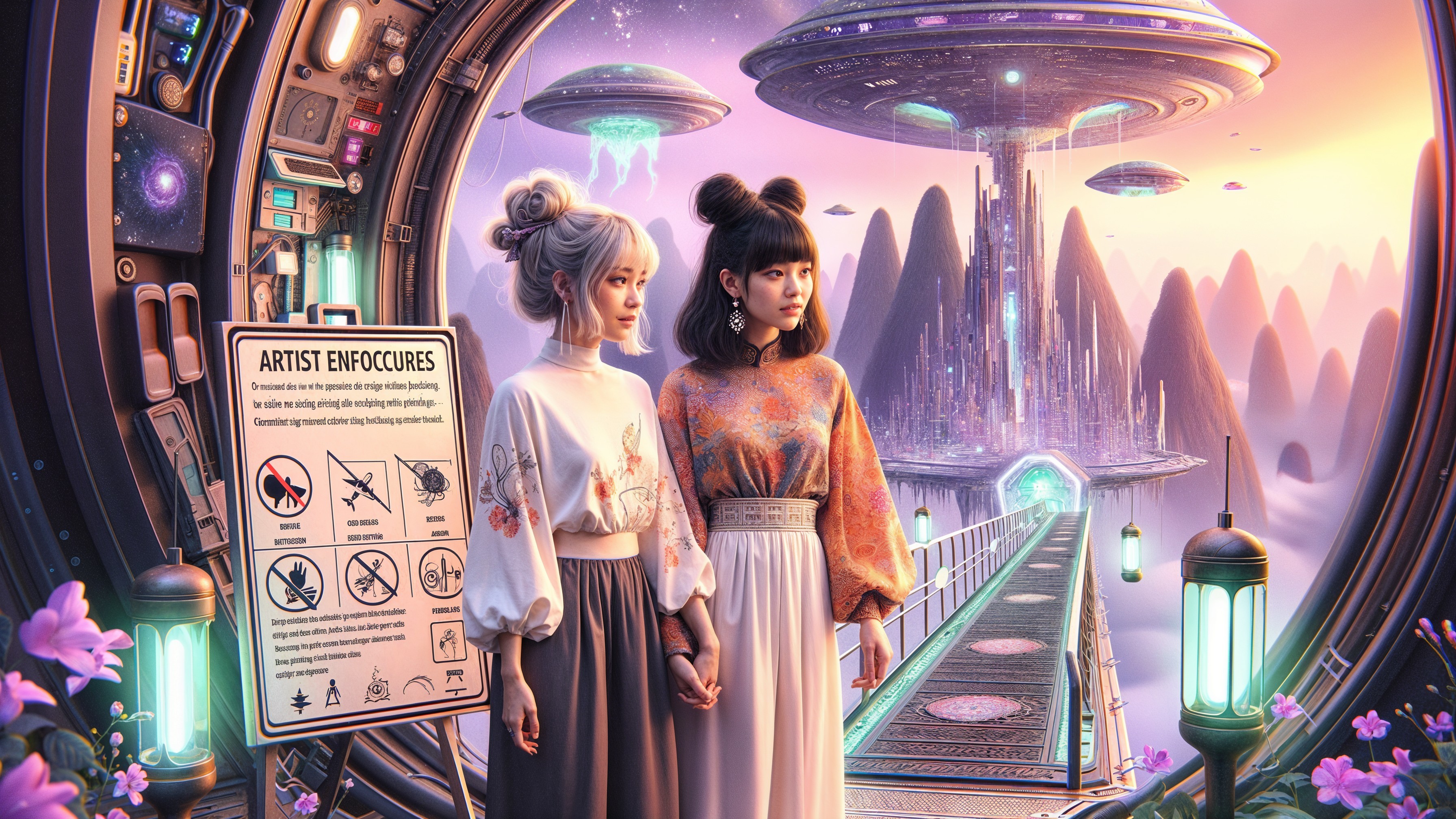 Futuristic Landscape with Young Women in Avant-Garde Attire
