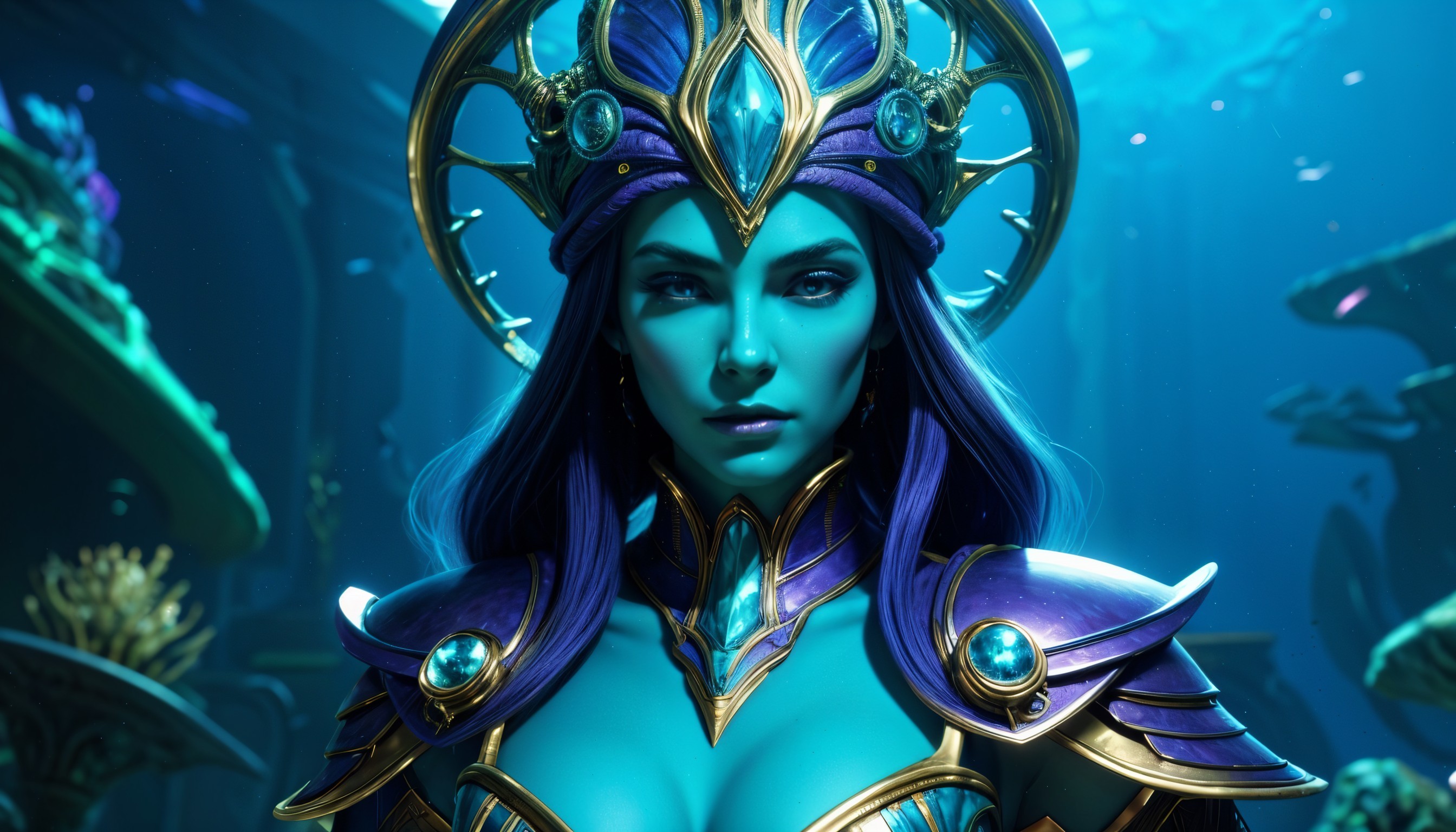 Majestic Underwater Scene with Regal Woman and Coral