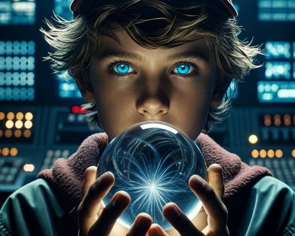 Young boy with blue eyes and crystal orb in control room