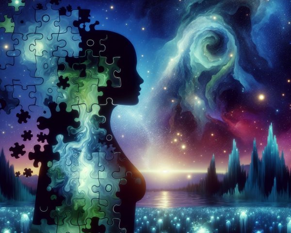 Silhouette of a Woman with Cosmic Puzzle Design