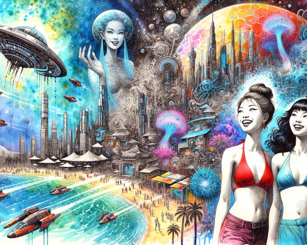Futuristic Beach Scene with Colorful Swimsuits and UFOs
