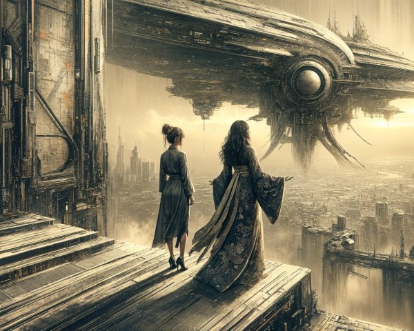 Futuristic Landscape with Figures Overlooking Cityscape