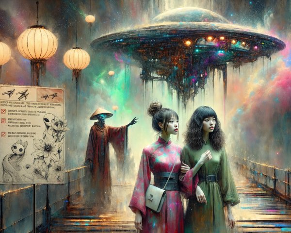 Women in Kimonos on Futuristic Bridge with UFO