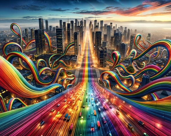 Vibrant Cityscape at Sunset with Colorful Highways