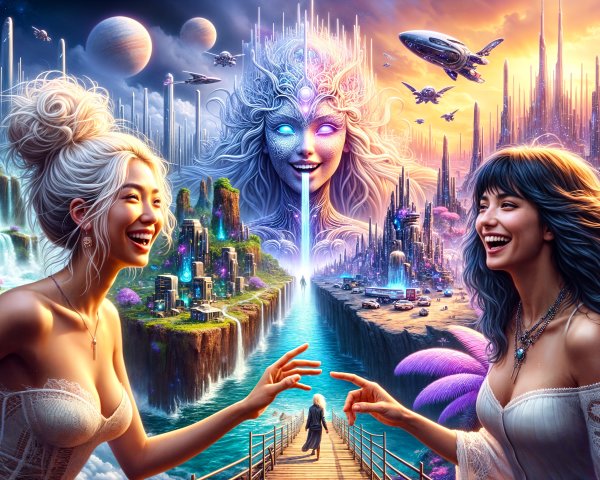Women on Bridge in Vibrant Fantastical Landscape