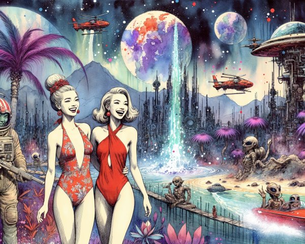 Vibrant Otherworldly Landscape with Retro Swimmers