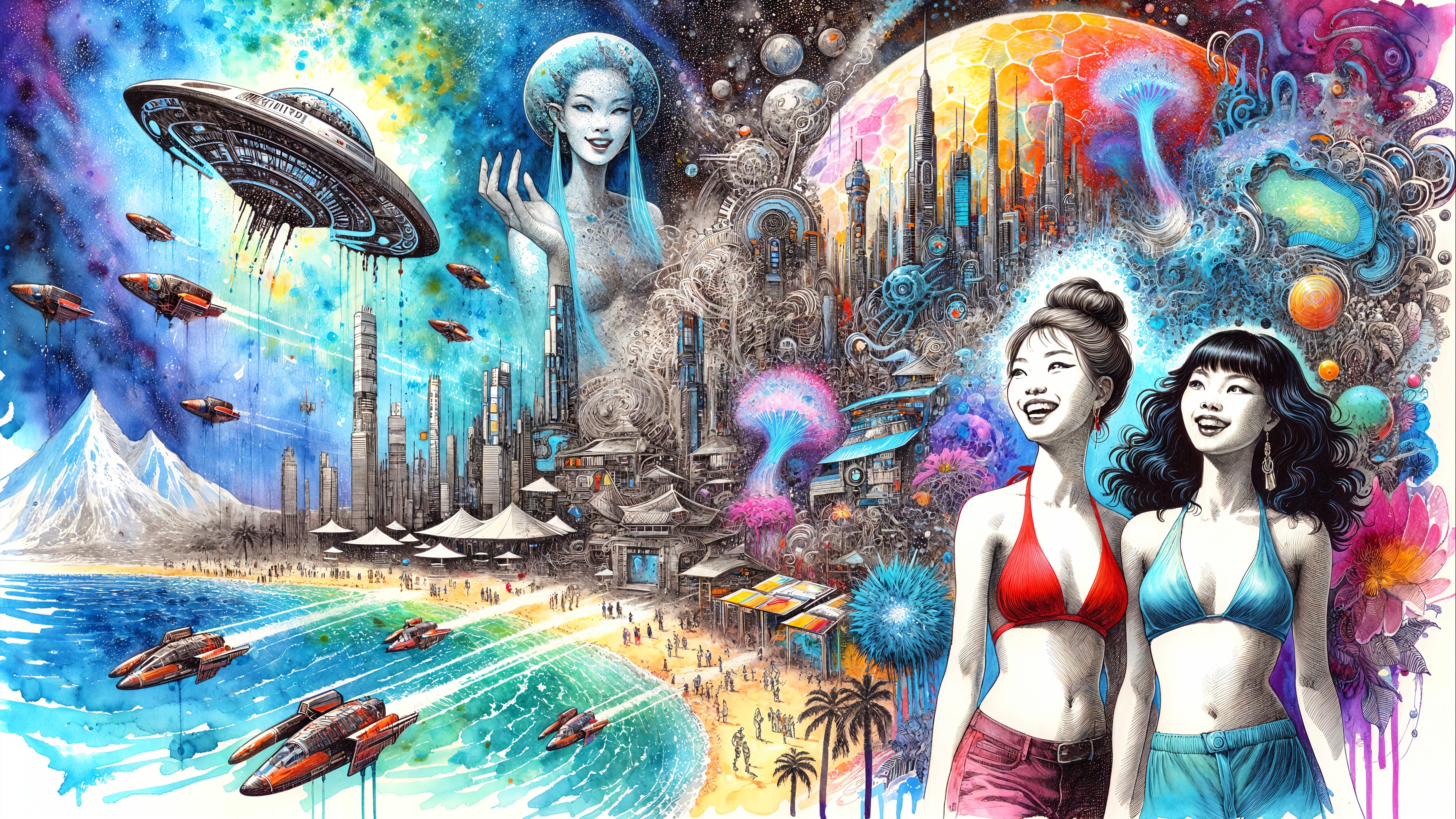 Futuristic Beach Scene with Colorful Swimsuits and UFOs