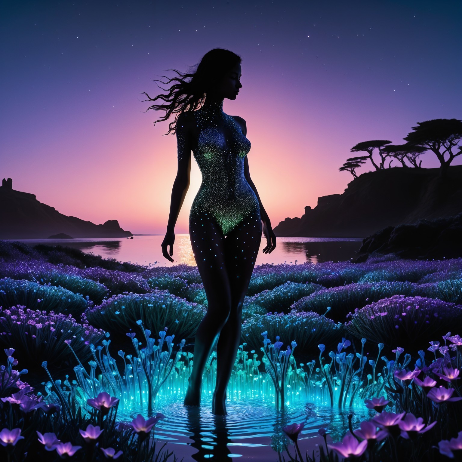 Serene Twilight Scene with Bioluminescent Flora