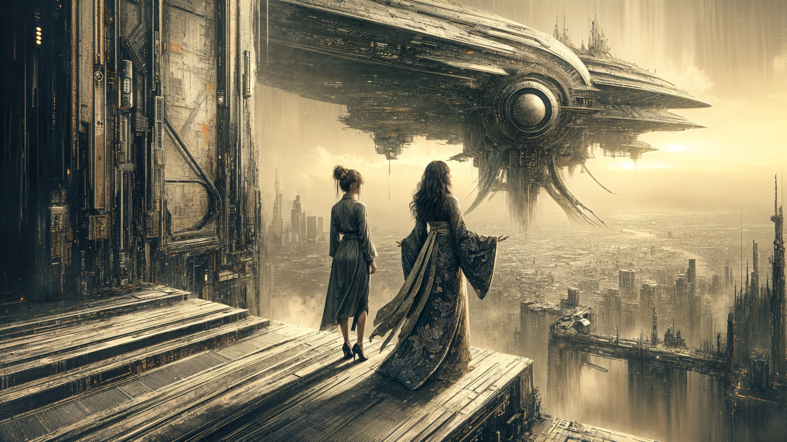 Futuristic Landscape with Figures Overlooking Cityscape