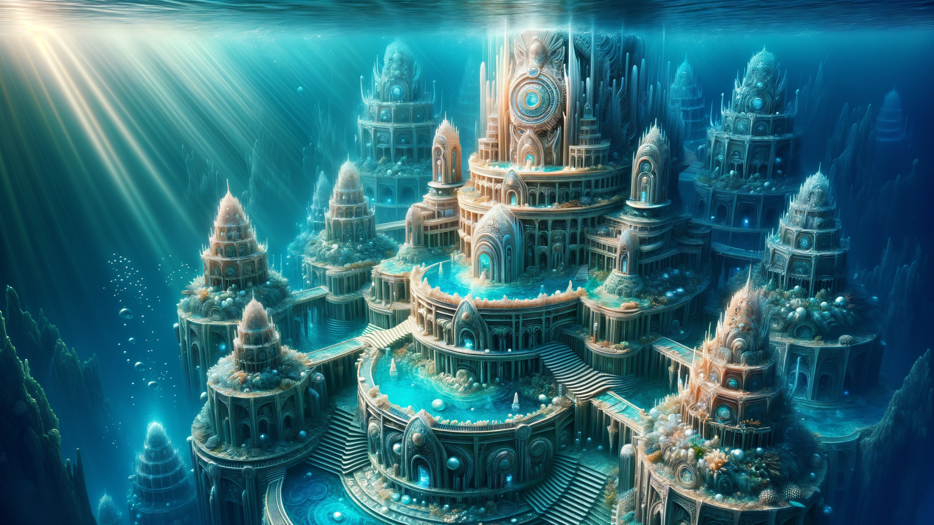 Underwater City with Intricate Architecture and Marine Life