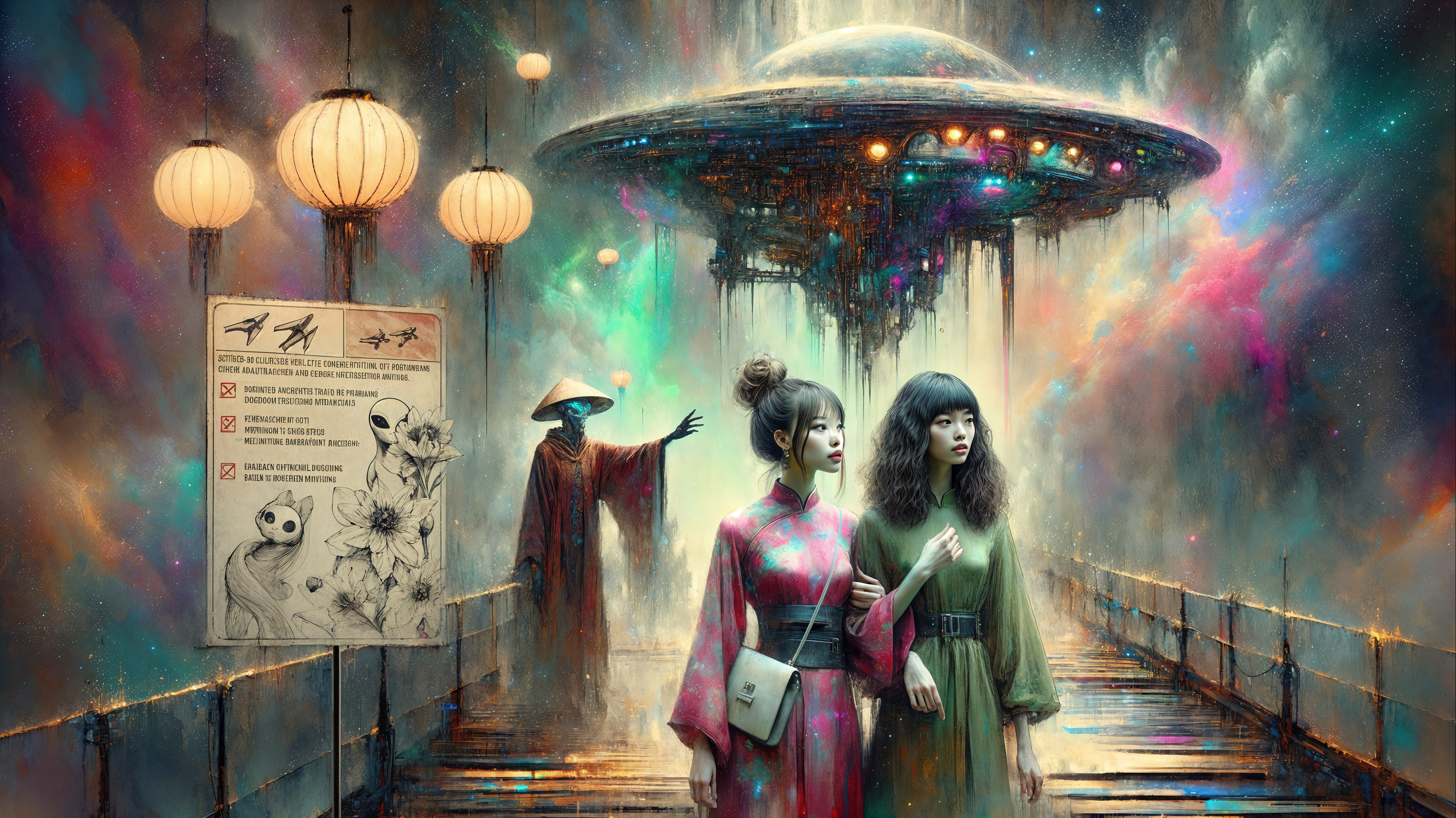 Women in Kimonos on Futuristic Bridge with UFO