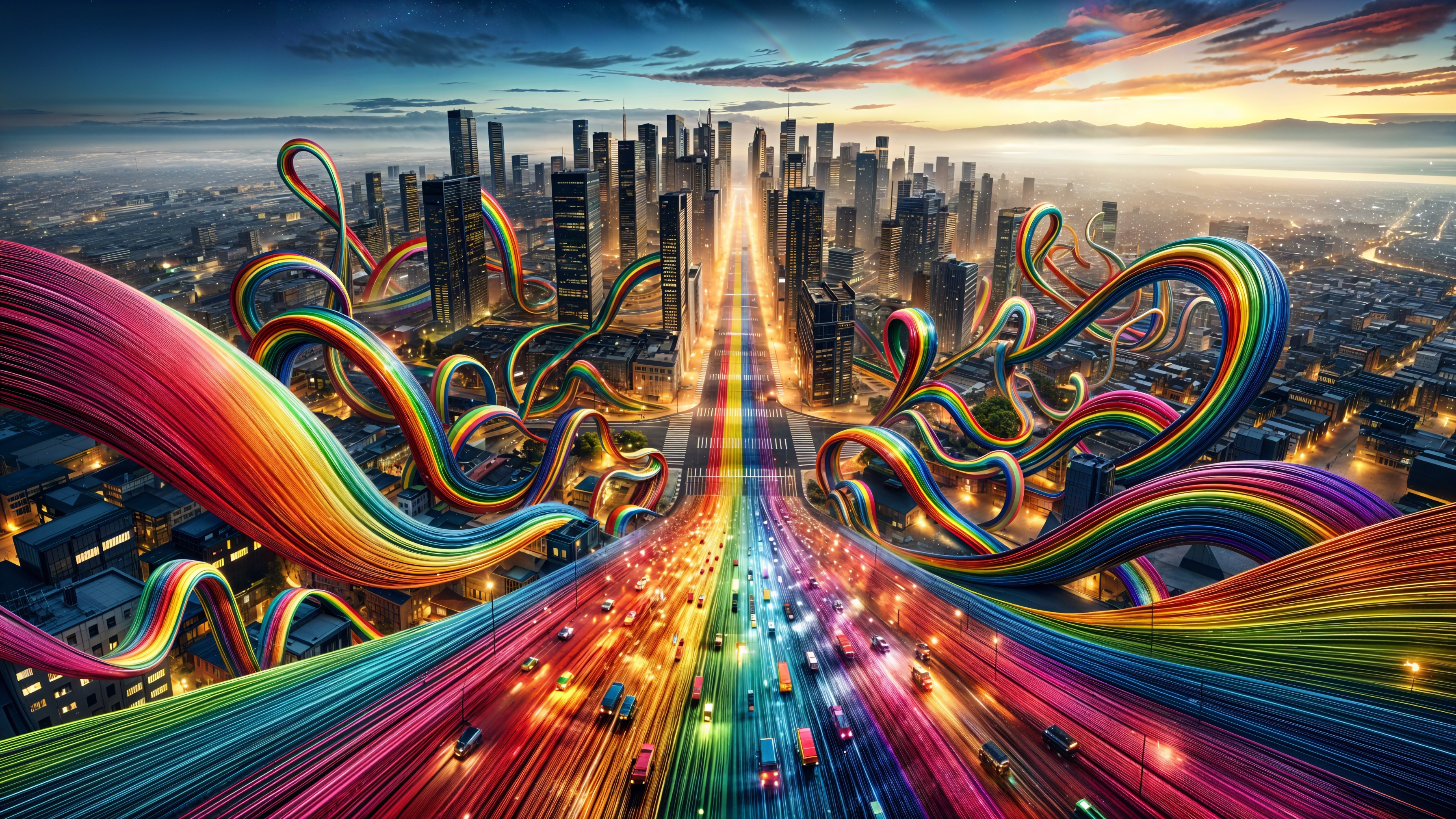 Vibrant Cityscape at Sunset with Colorful Highways
