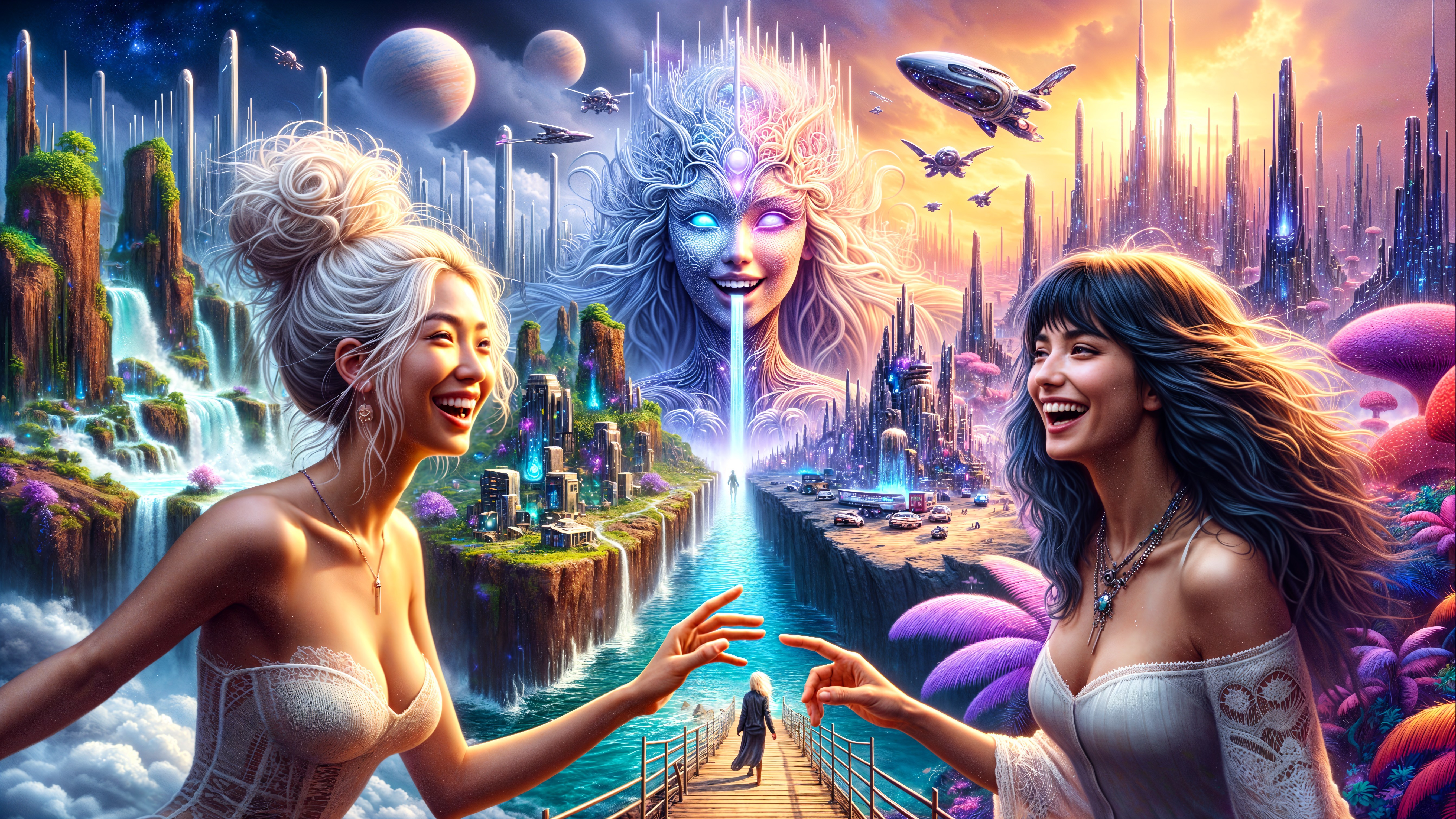 Women on Bridge in Vibrant Fantastical Landscape