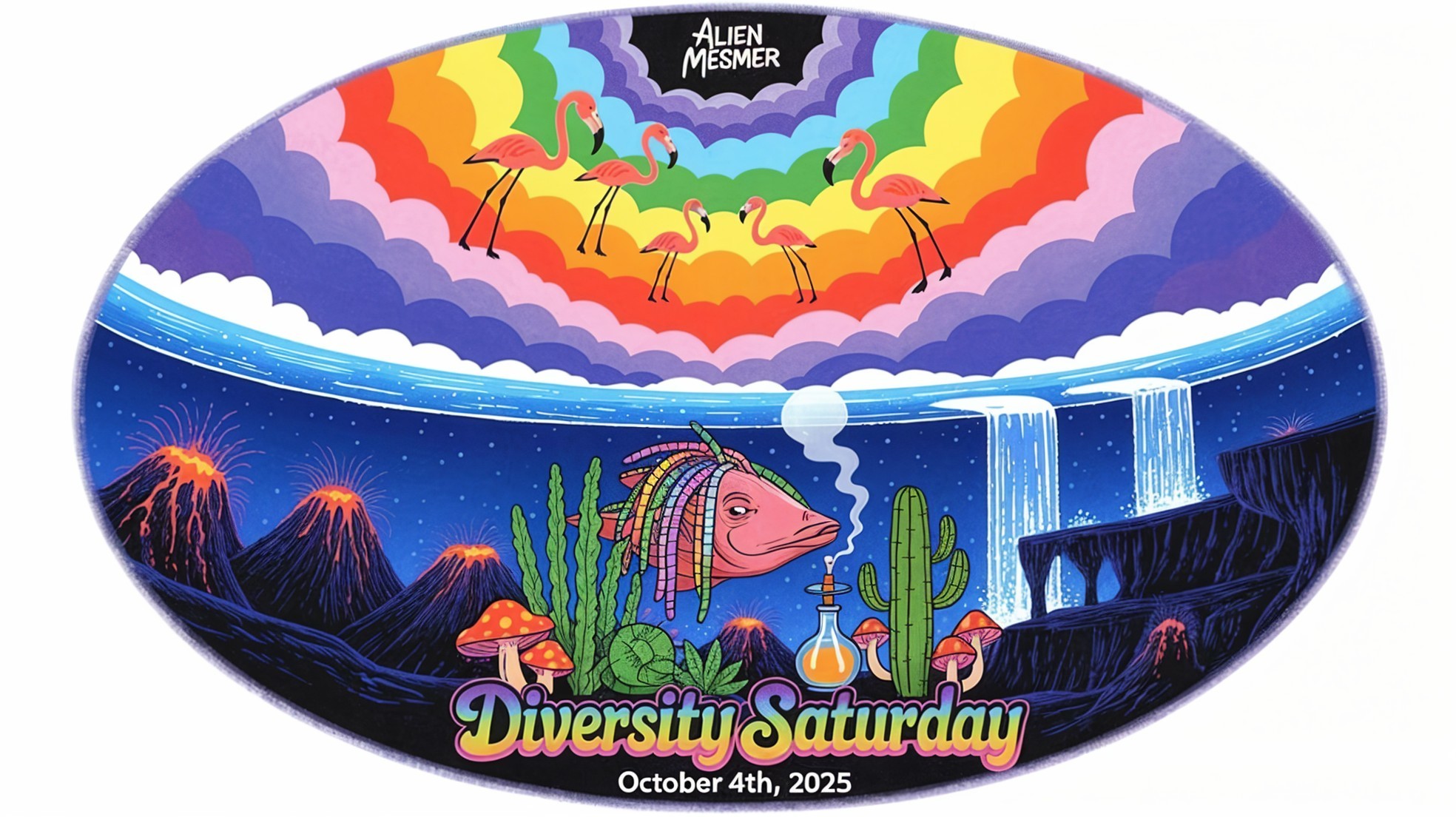 Surreal Landscape with Colorful Fish and Flamingos