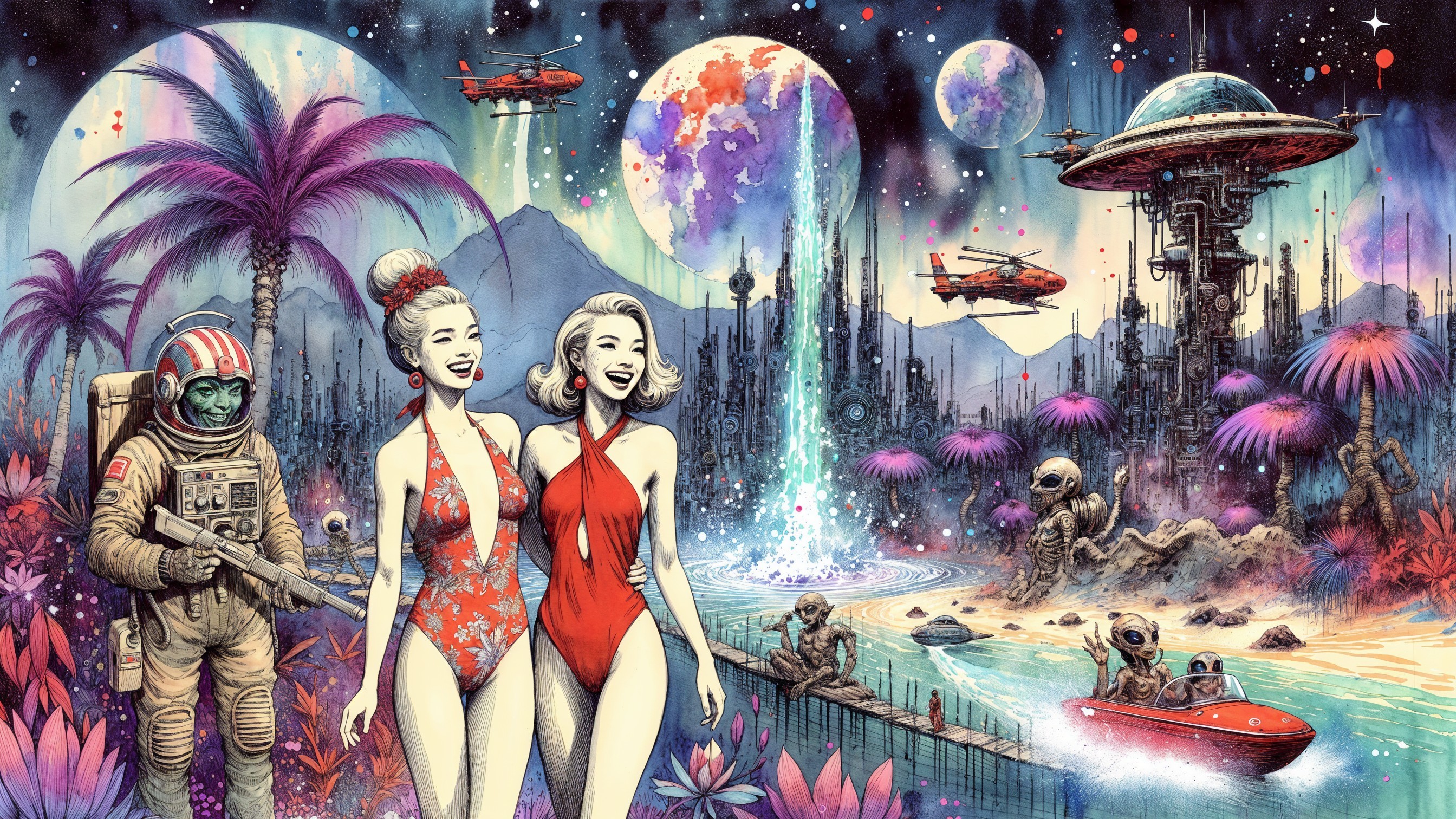 Vibrant Otherworldly Landscape with Retro Swimmers