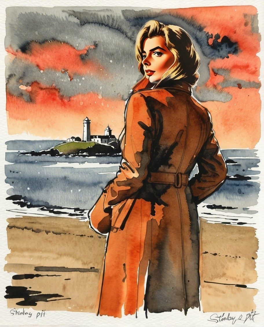 Woman in Trench Coat Overlooking Lighthouses at Sunset