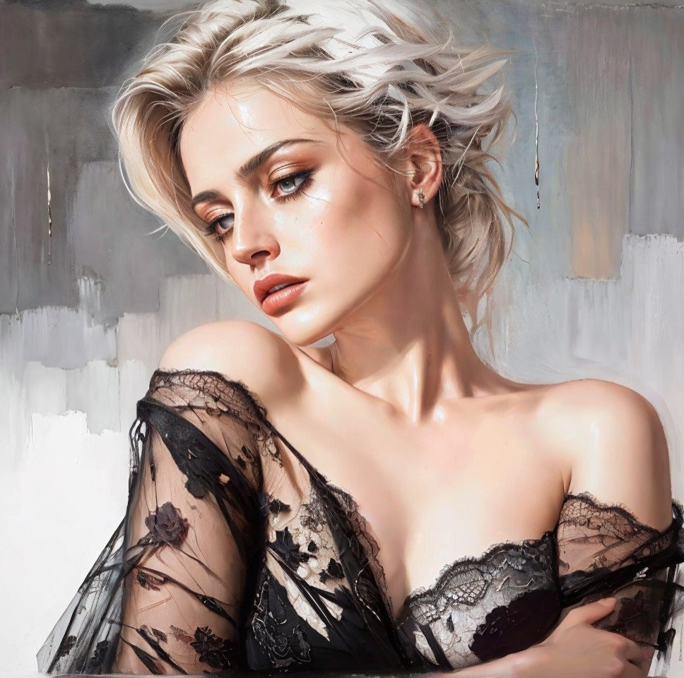 Portrait of a Woman in Black Lace Dress with Blonde Hair