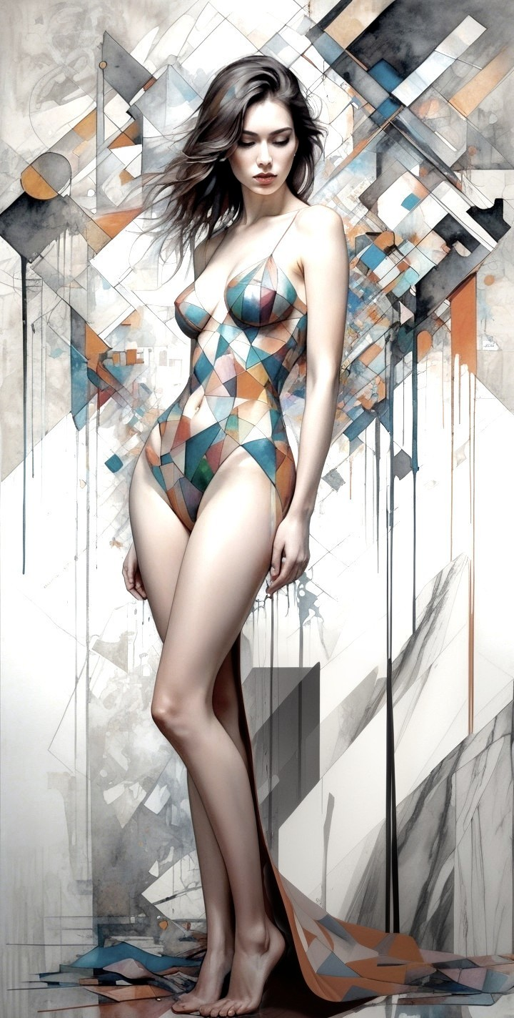 Geometric Bodysuit with Abstract Colorful Backdrop