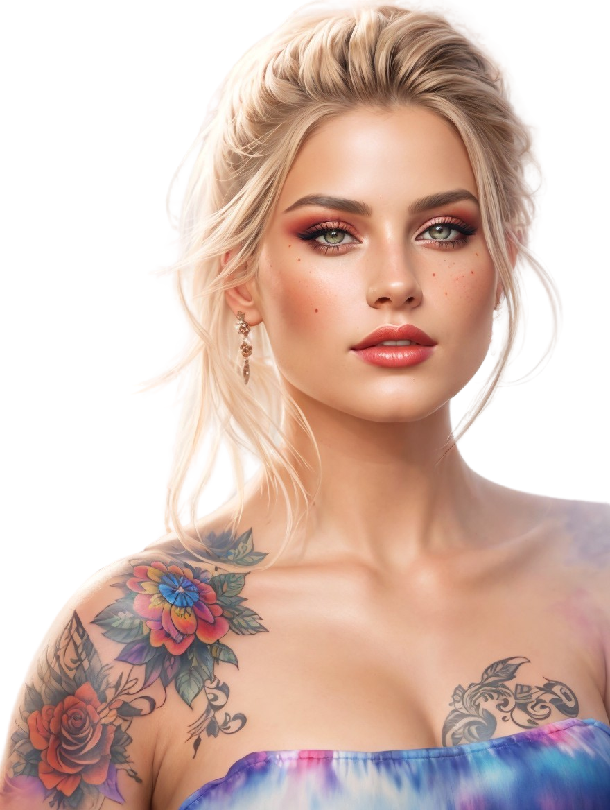 Digital Artwork of a Woman with Floral Tattoo and Red Eyeshadow