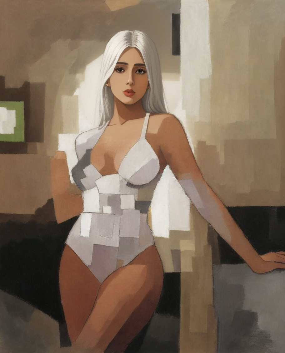 Stylized Female Figure in Abstract White Outfit