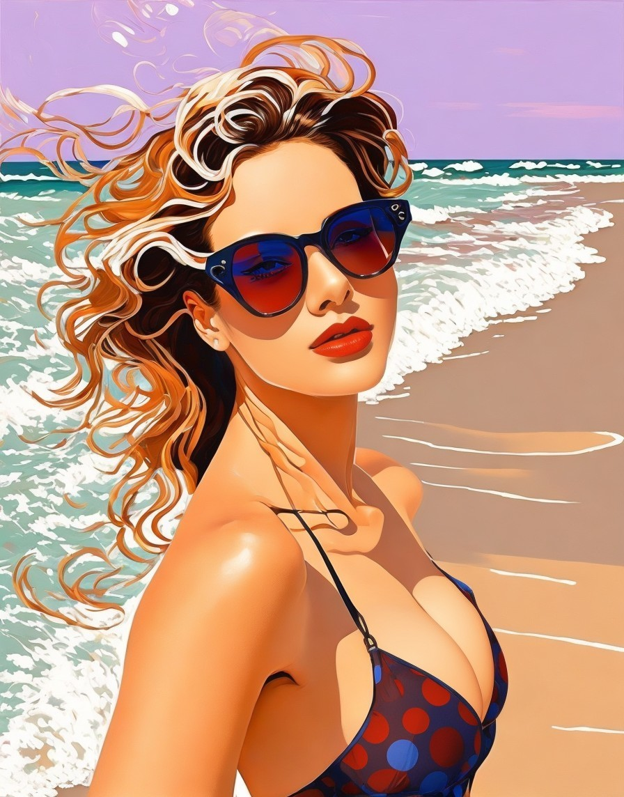 Young Woman in Polka-Dotted Bikini at Beach